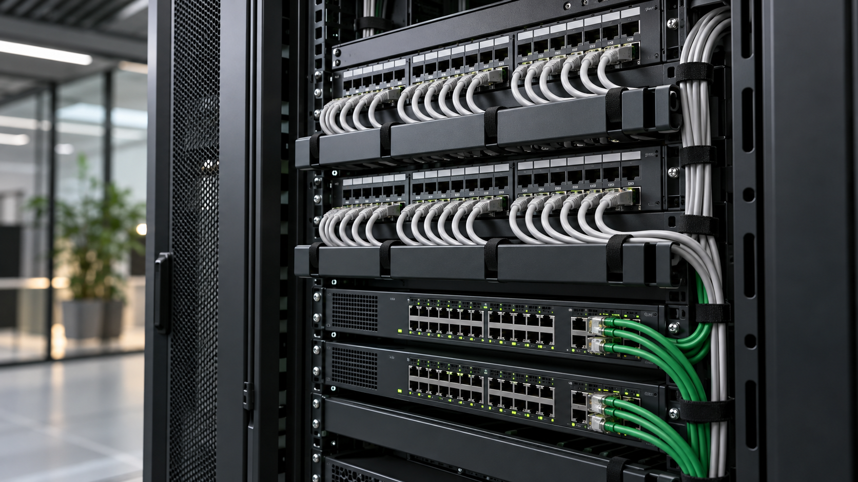Rack de datos con cableado estructurado y organizado
