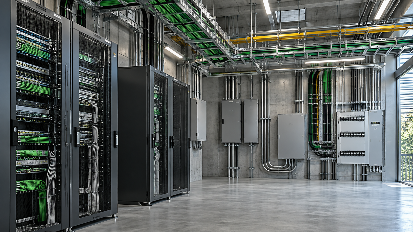 Infraestructura técnica de telecomunicaciones con racks y canalizaciones