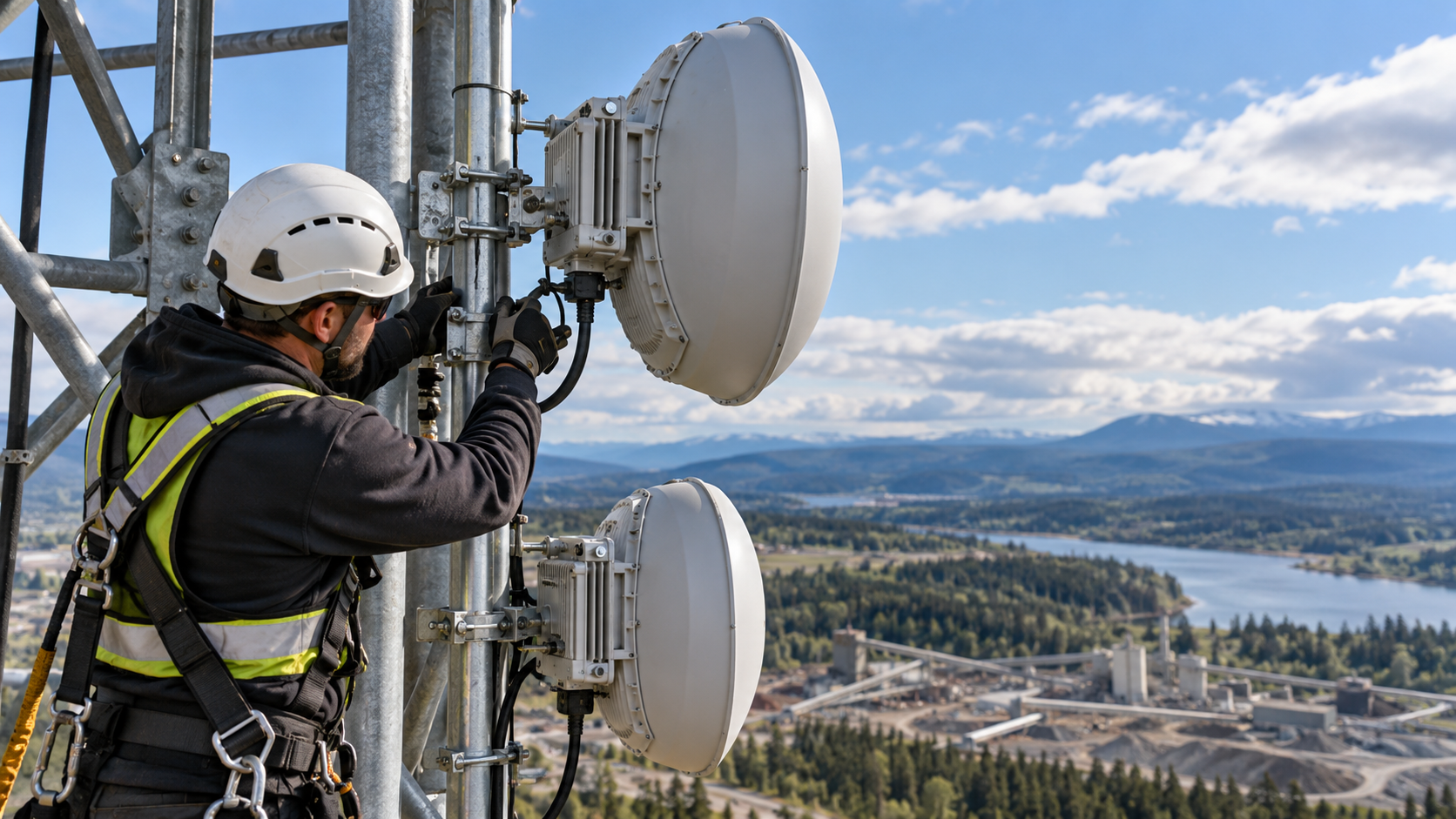 Técnico instalando un radioenlace exterior