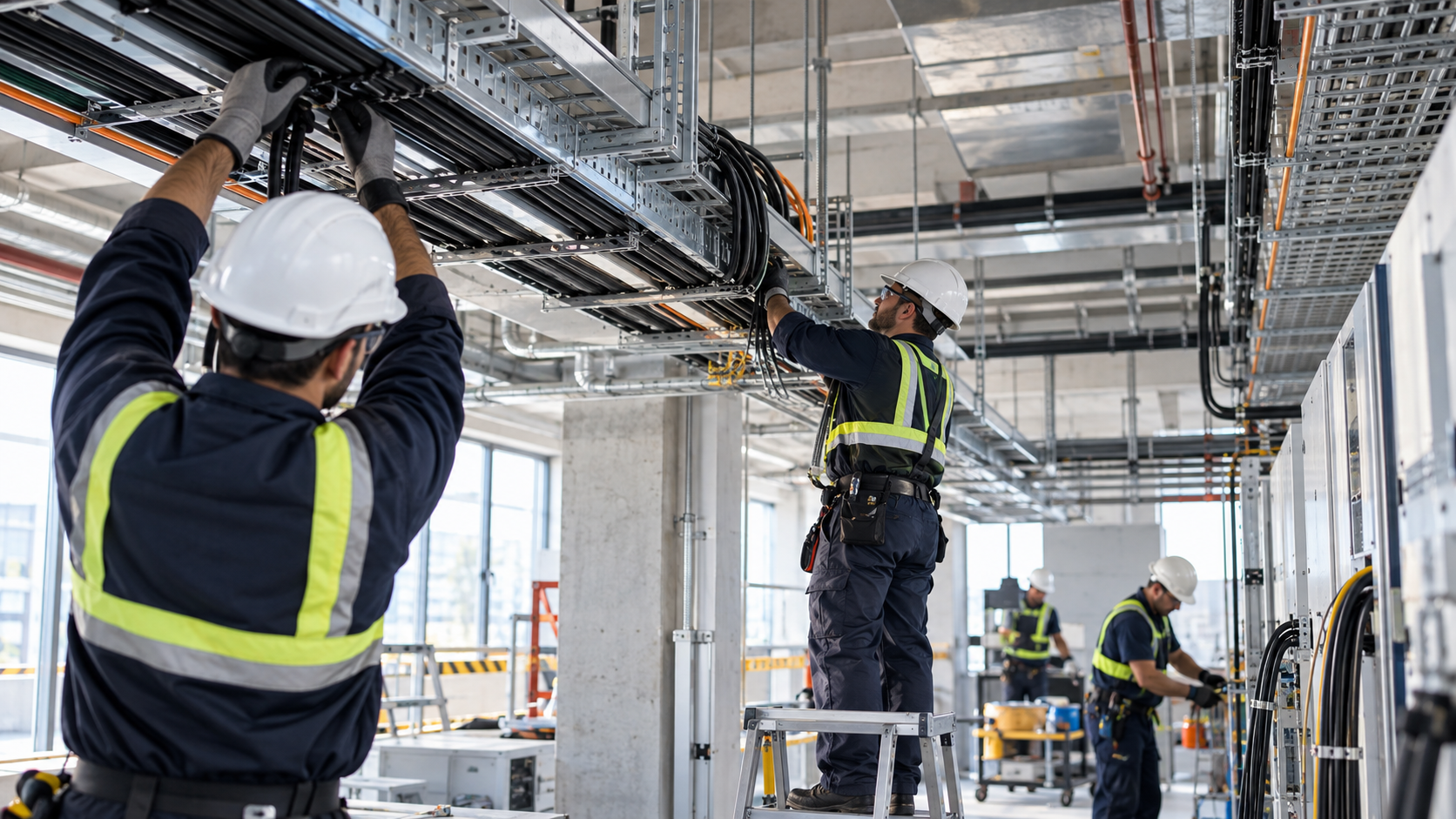 Equipo técnico trabajando en una instalación de bandejas y cableado